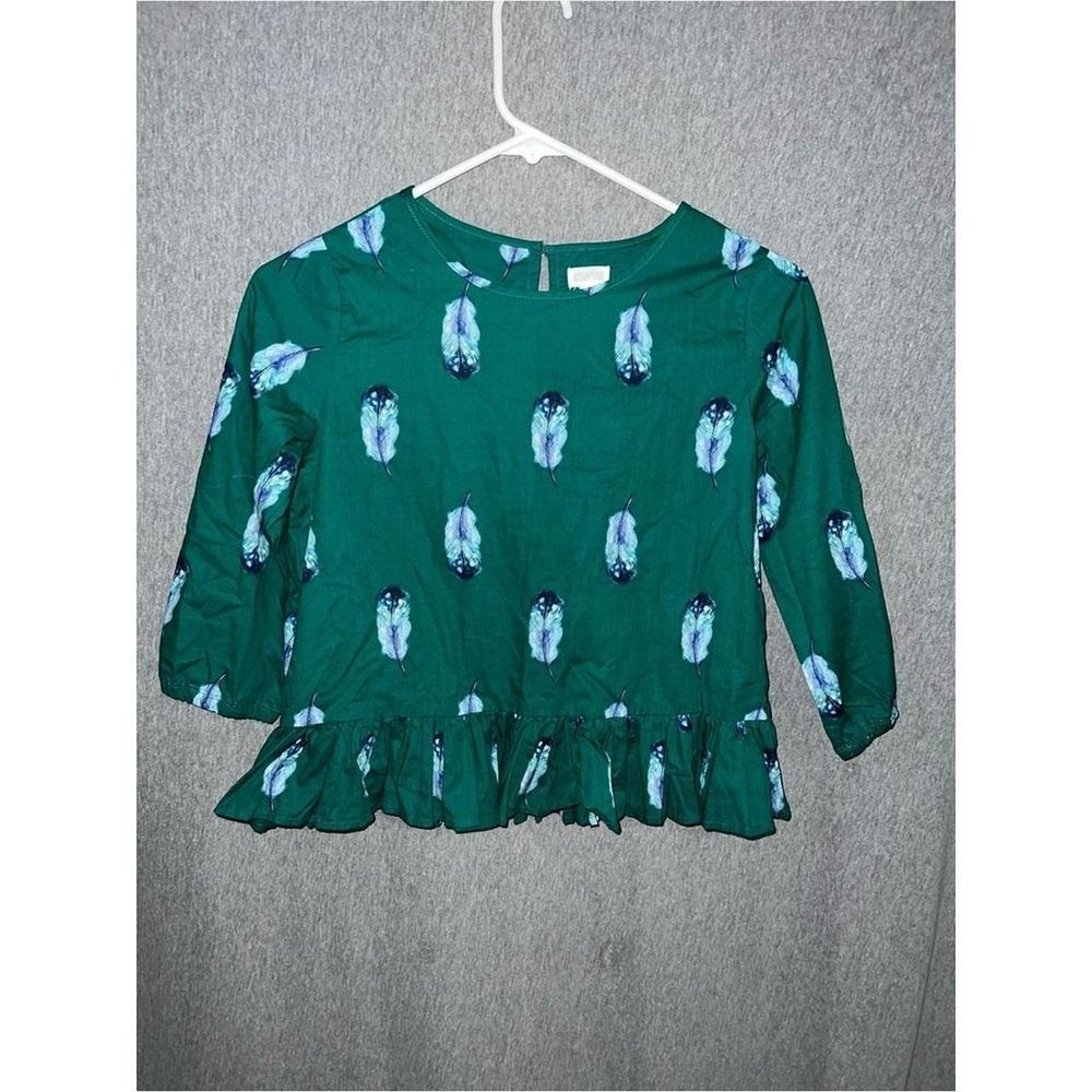 Gymboree Girls Green Feather Print Ruffle Hem Top 3/4 Sleeve Blouse Size L 10-12